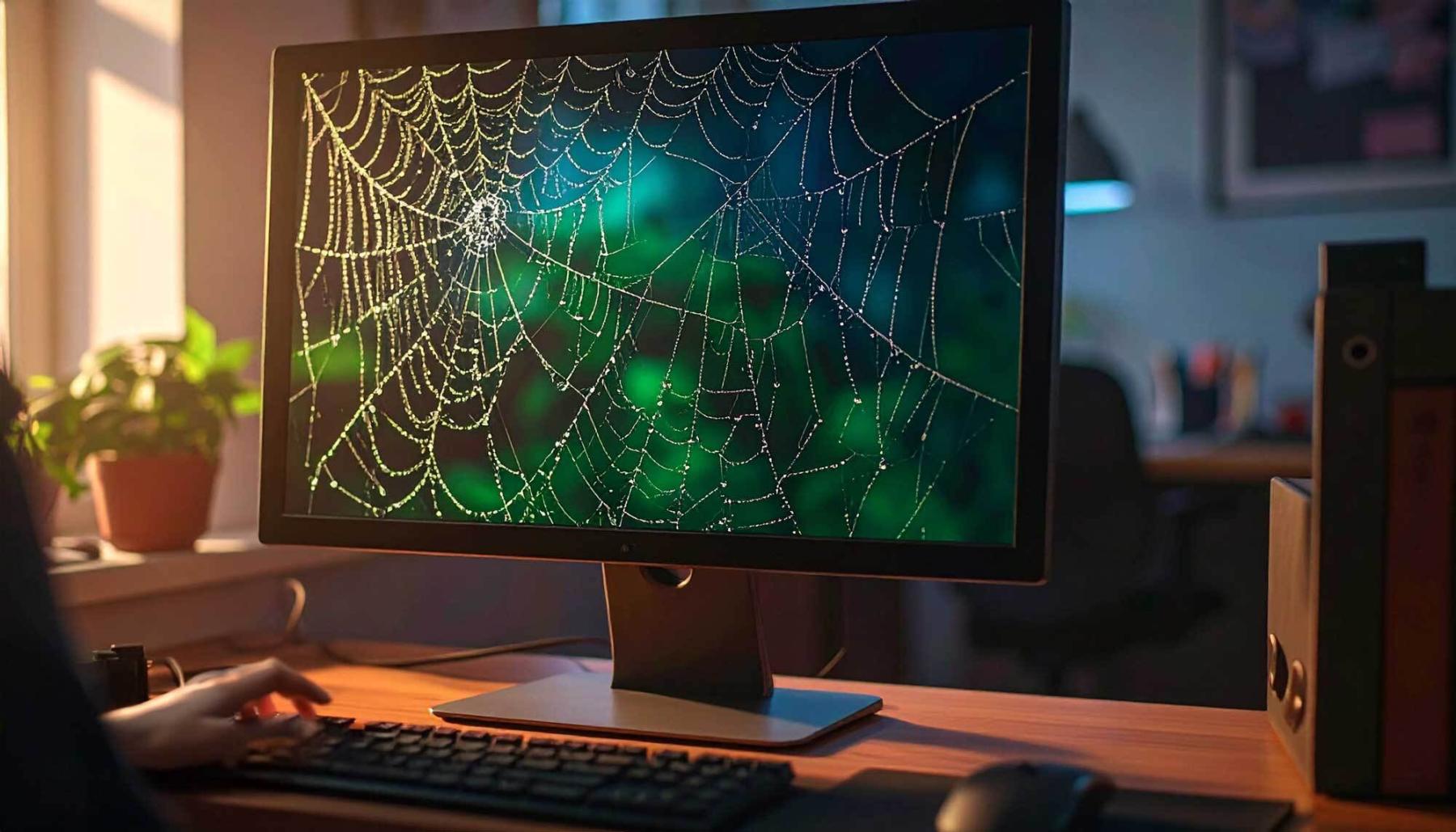 Computer monitor displaying a large spider web on the screen, symbolizing an outdated or neglected website, with a hand on the keyboard and a softly lit office background.